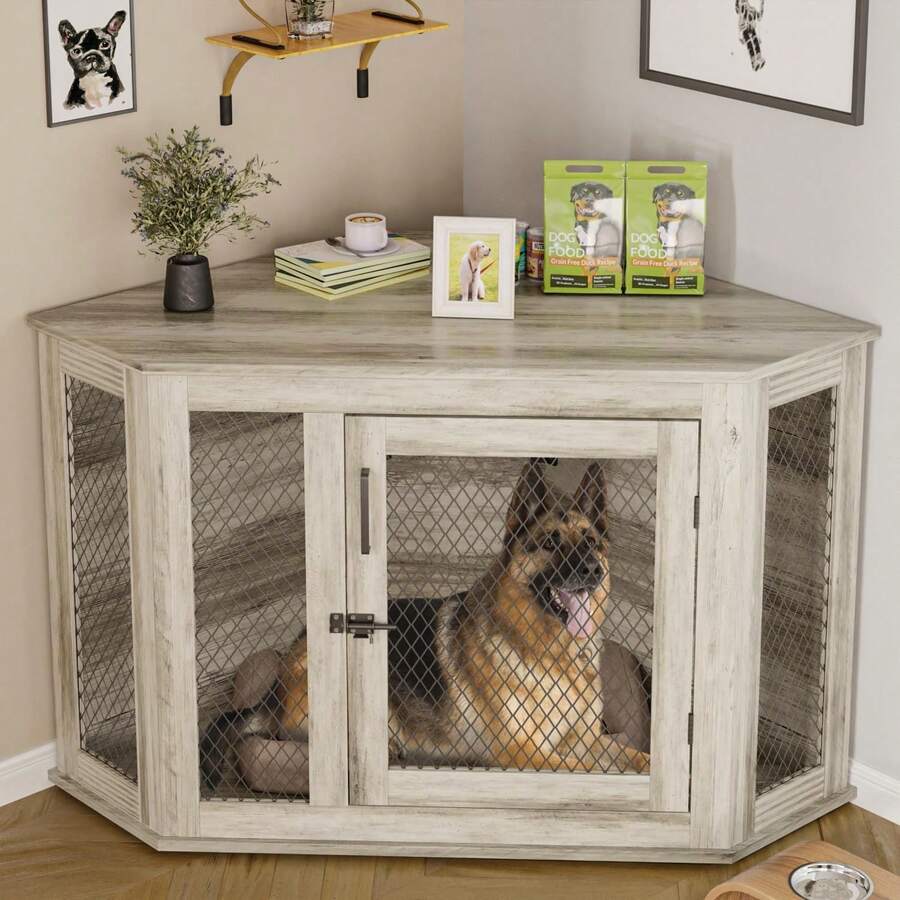 52-Inch Corner Dog Crate Furniture - Wooden Pet Kennel With Mesh, Space-Saving Design For Small/Medium/Large Dogs - Grey (27.6 Inches Long X 52.0 Inches Wide X 29.1 Inches High) - View 1