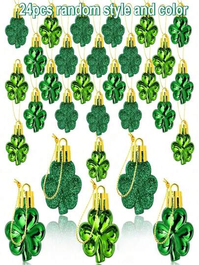 24 件圣帕特里克节三叶草装饰品 - 闪亮的绿色三叶草装饰品，配金色丝带，非常适合装饰圣诞树、桌子和架子，充满节日气氛的爱尔兰家居装饰品