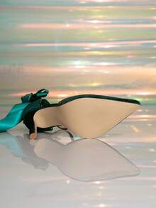 Green Rose Print High Heel Hollow Out Pumps, Classic Bow Tie Faux Rose Flower, Romantic Heart Sweet Fashion Pointed Toe Party High Heel Closed Toe Sandals - Green - View 5