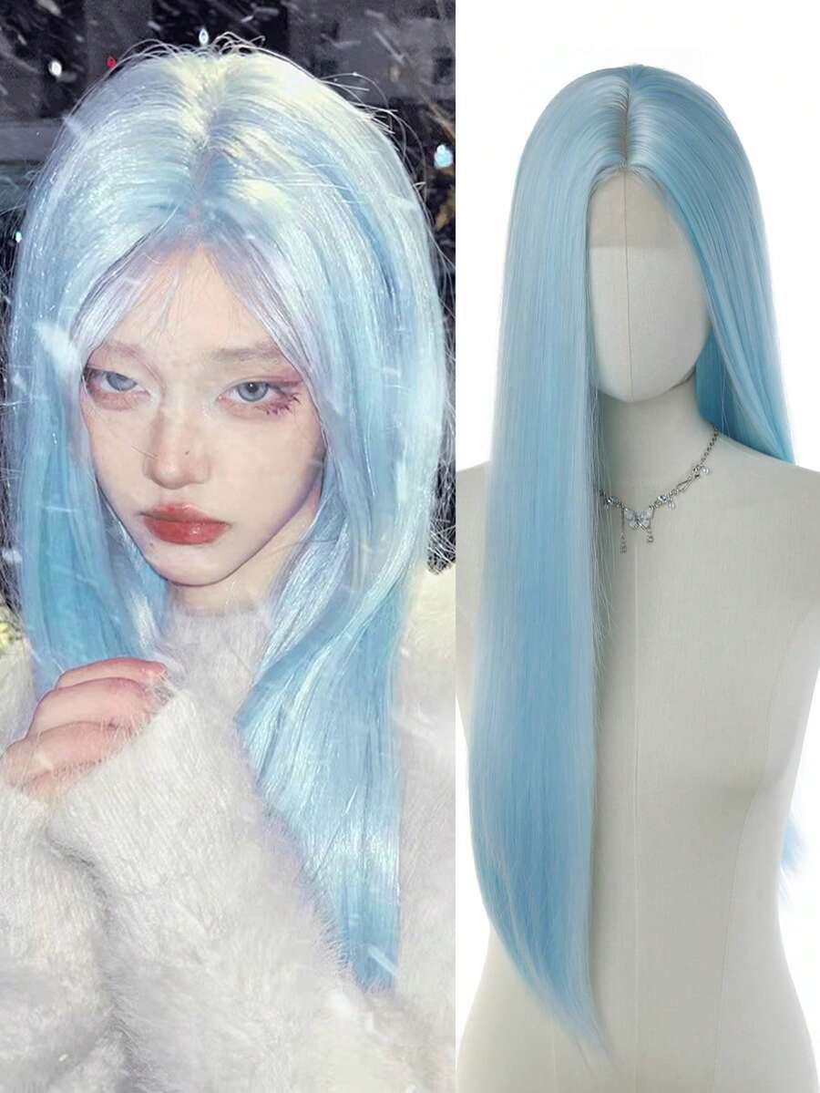 6.5*9.5 Inch Elegant Long Blue Synthetic Lace Front Wig, Heat Resistant Fiber Material, Suitable For Female Role Play, Daily Wear, Halloween, Christmas Party And Other Occasions - Baby Blue - View 1