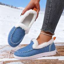 Fall/Winter 2025 Plush Slip-On Loafers Women Fuzzy Warm Slouchy Shoes Low-Top Snow Boots, Wear With Sweater - Màu xanh nhạt - Xem 13
