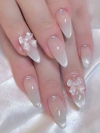 24pcs Medium-Long Almond Shaped Gradient Cat Eye Elegant Minimalist 3D Bow Tie Daily Versatile Design False Nails With 1 Nail File And 1 Jelly Gel, Upgrade Your Look