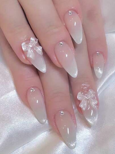 24pcs Medium-Long Almond Shaped Gradient Cat Eye Elegant Minimalist 3D Bow Tie Daily Versatile Design False Nails With 1 Nail File And 1 Jelly Gel, Upgrade Your Look