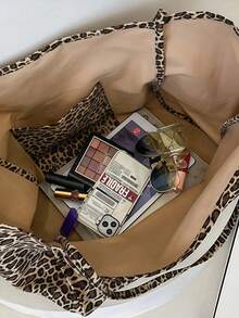 1pc Customized Women's Leopard Print Shoulder Bag, Custom Crossbody Handbag With Large Pocket, Unique Double-Sided Canvas Shoulder Bag, Spacious Casual Bag Suitable For School, Commute, Shopping, Travel, Vacation, Can Fit Clothes, Textbooks, Laptops, Fashionable Leopard Print Women Wallet For Autumn/Winter - Multicolor - View 4