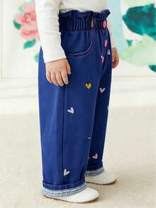女宝宝全新不对称心形刺绣休闲日常百搭牛仔裤 - 寶藍色 - 查看 6