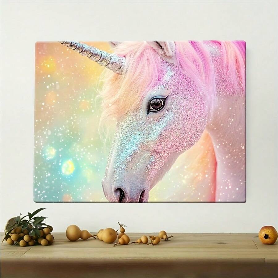Pastel Unicorn Canvas Wall Art - Wooden Frame, Sparkling Magical Decor For Living Room, Bedroom, And Bathroom - Mother's Day Gift For Women, Ready-To-Hang Unicorn Room Decor, Bedroom Decor - Perfect Holiday Gift Wall Art Decoration, Ready To Hang - 粉色 - 查看 1