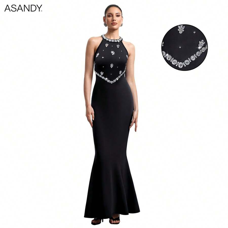 Black Mermaid Gown With Rhinestone Backless Design, Luxurious And Sexy, Perfect For Formal Occasions - Black - View 1