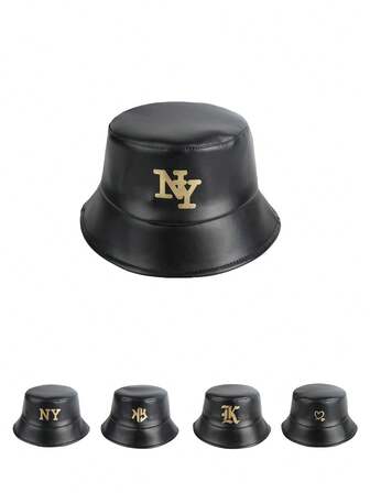 1顶金色NY字母热压PU皮革休闲男女通用渔夫帽，适合日常、旅行、户外、休闲、运动、骑行、观光、街头、派对度假等场合佩戴。