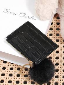 Adorned With A Delicate Pom Pom,Black Stone Pattern Alligator Print PU Portable Zipper Ultra-Thin Minimalist Small 6-Card Pack,Multi-Card Purse, Fashion Men'S And Women'S Short Wallet Simple Daily Use - Black - View 4