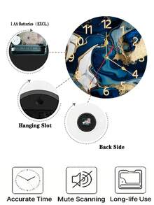 Relógio de parede com tema lúdico - Relógio de parede redondo de madeira silenciosa com design em espiral de mármore azul marinho e dourado, adequado para sala de estar, quarto, cozinha, escritório e decoração de casa. Ótima opção de presente para parceiros de negócios. Funciona a bateria.
