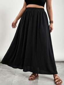 Plus Size Women's Solid Color Skirt, Casual Everyday Wear - Black - View 5
