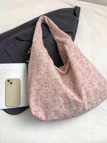 2026 Valentine's Day & Spring New Fashion Corduroy Bow Decor High Capacity Multi-Pocket Shoulder Underarm Tote Bag - Pink - View 4