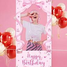 1件彩色生日主题照片背景框，色彩鲜艳，带有“生日快乐”字样、气球和蛋糕图案 - 非常适合公主主题派对装饰、趣味生日派对拍照道具、生日派对装饰拍照亭道具
