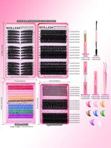 Caja de regalo RITALASH con 1185 piezas de pestañas postizas, 3 estilos, incluye adhesivo, pestañas suaves, rizado D, natural DIY, pestañas individuales, adecuado para principiantes, empaque a granel - Negro - Ver 2