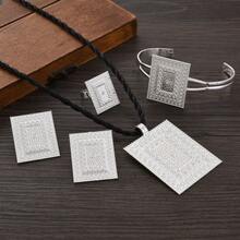 4pcs Dubai Eritrean Silver Color Jewelry Set, Includes Square Pendant Necklace, Ring, Earrings, Bracelet With Floral Pattern, Elegant Jewelry Gift For African & Middle Eastern Women Wedding - Silver - View 5