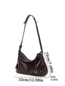 Women's PU Leather Crescent Hobo Bag, Large Capacity Shoulder Bag, Soft Tote Bag, Spacious Travel Designer Shoulder Bag With Adjustable Strap - Coffee - View 3