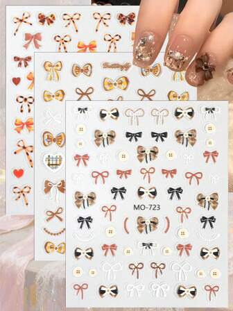 3/6 ark 5D kawaii rosett nagelkonst klistermärken, söta band hjärta fjäril nageldekaler, självhäftande glitter nageldekorationer för gör-det-själv manikyr