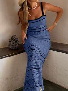 Women's Elegant Soft Minimalist Black & White Striped Sleeveless Fitted Maxi Knit Dress, Casual Beach Hollow Out Bodycon Mid-Length Crochet Swimsuit Cover Up, Spring/Summer/Autumn - Navy Blue - View 6