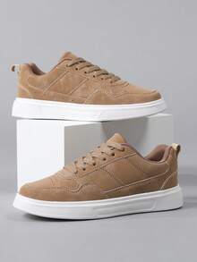 女士休闲运动鞋，撞色设计，流行粉色校园风，舒适透气 - 卡其色 - 查看 5