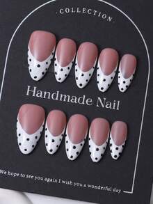 10片/套，欧美手工杏仁形美甲贴纸，Y2K白色法式风格及手绘波点印花设计，美甲装饰。包含1片果冻胶和1把指甲锉。完美适用于日常美甲，也适合科切拉音乐节等场合的造型。美甲贴片及美甲护理产品。美甲用品 手工美甲贴片 - 白色 - 查看 1