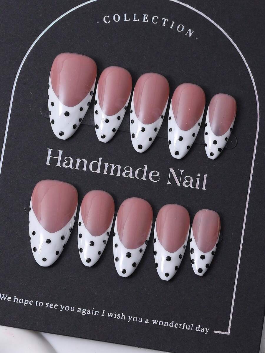 10片/套，欧美手工杏仁形美甲贴纸，Y2K白色法式风格及手绘波点印花设计，美甲装饰。包含1片果冻胶和1把指甲锉。完美适用于日常美甲，也适合科切拉音乐节等场合的造型。美甲贴片及美甲护理产品。美甲用品 手工美甲贴片 - 白色 - 查看 1
