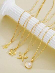 4pcs/Set Starfish, Shell & Flower Pendant Necklace Set, Suitable For Women's Daily And Beach Vacation Wear, Gift