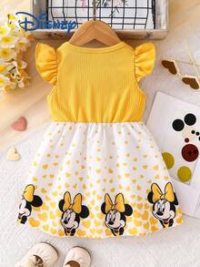 Disney 夏季女婴可爱无袖米奇米妮印花连衣裙，儿童休闲度假爱心米妮蝴蝶结印花百搭连衣裙 - 黃色 - 查看 2