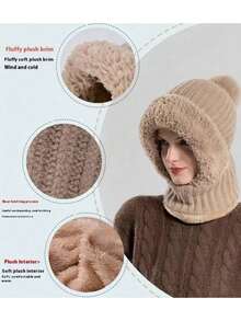 1pcs High Elasticity Solid Color Thick Windproof Warm Collar Warm Face Mask Integrated Men's And Women's Universal Winter Knitted Hat - Multicolor - View 10