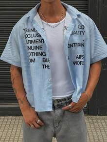 男士 Y2K 街头风撞色蓝白条纹字母印花衬衫，基础休闲外套 - 彩色 - 查看 1