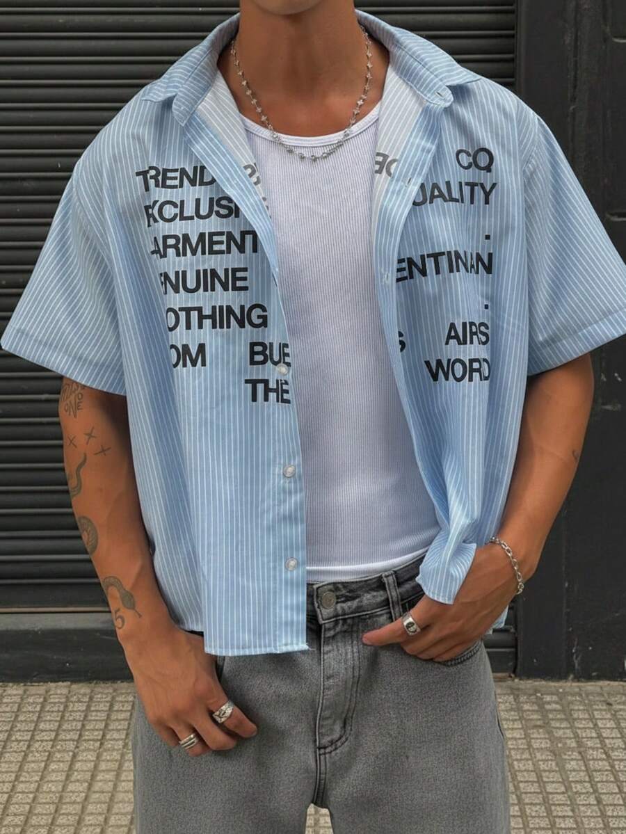 男士 Y2K 街头风撞色蓝白条纹字母印花衬衫，基础休闲外套 - 彩色 - 查看 1