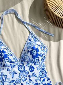 2pcs/Set Floral Print Patchwork Bohemian Tie-Front Bikini Top And Triangle Bottoms Vacation Beach Summer - Multicolor - View 4