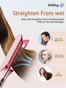PinkSings 2-In-1 Hair Dryer/Straightener, High-Speed Airflow + Fast Heating + Temperature Adjustable + LCD Display + Auto Shut-Off + Gentle On Hair - Pink - View 3