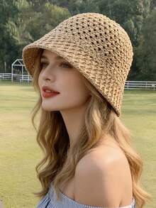 Sombrero de sol calado de primavera y verano, sombrero de cubo estilo bohemio y gorra de punto de ala ancha transpirable. Protección UV, moda multifuncional, puede hacer que tu rostro se vea talla grande pequeño. - Multicolor - Ver 1