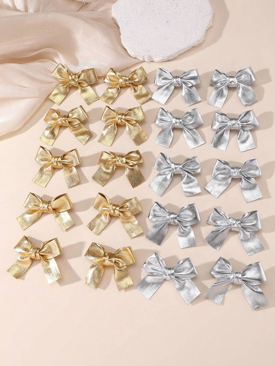 10pcs/20pcs Girls Gold & Silver Bowknot Hair Clips Set, Suitable For Daily Decoration - Multicolor - View 1