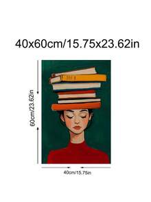 1件装舒适阅读角墙饰，椅子上堆放着一摞书，中性美学装饰，爱书之人墙饰，头顶书本的女子图案，文学装饰，阅读灵感艺术品，复古卧室艺术画，客厅装饰，办公室装饰，教室装饰，墙饰，家居装饰，房间装饰，帆布墙饰，海报，带框墙饰，可选画框 - 彩色 - 查看 13