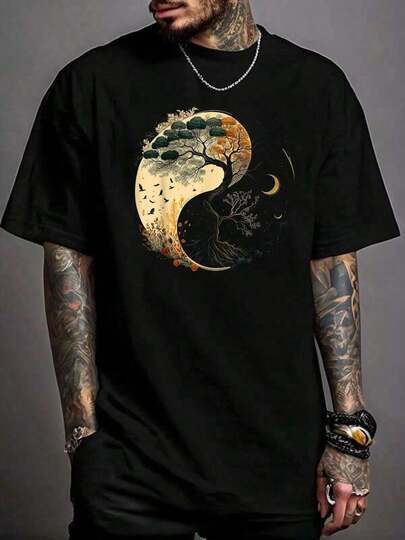 100% Pure Cotton Yin Yang Tree Of Life Moon Sun Duality T-Shirts Casual Street Printed T-Shirt For Men