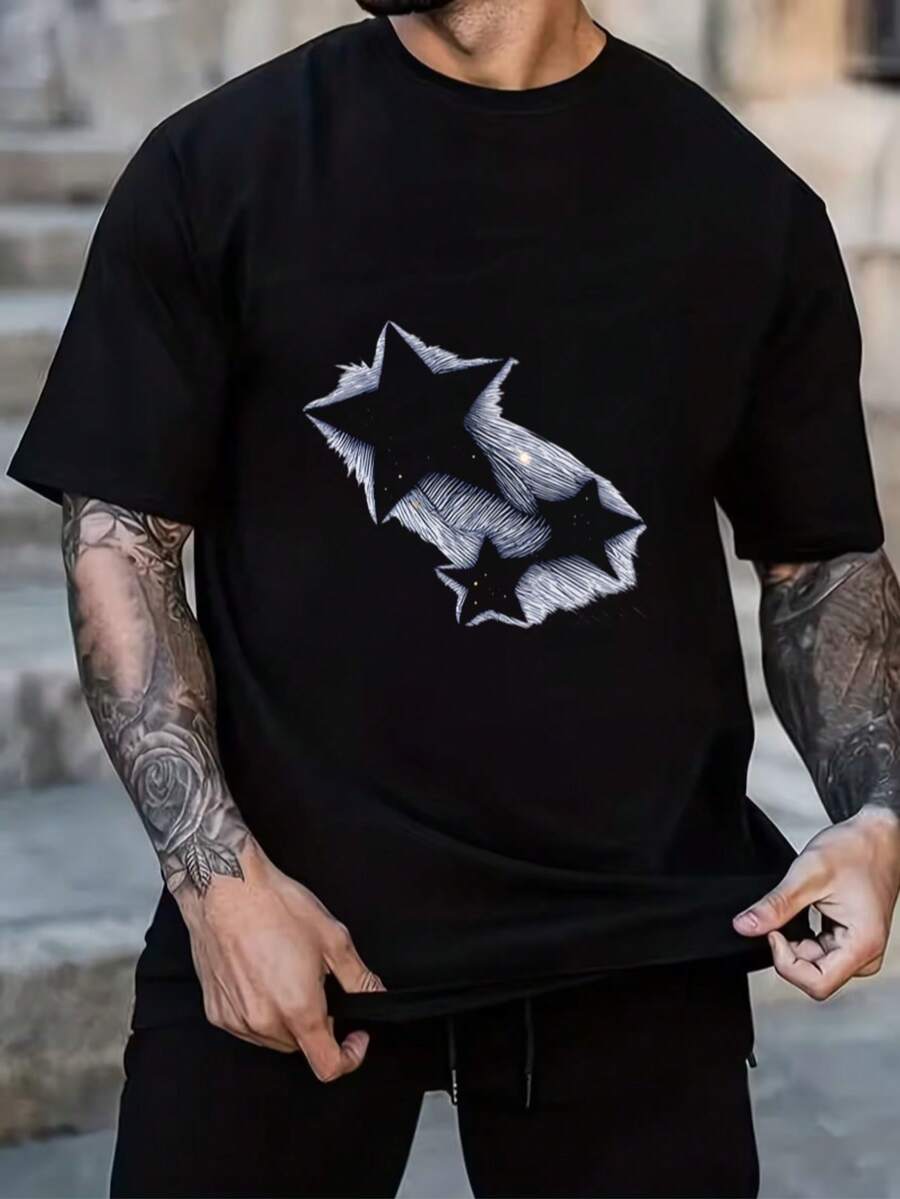 Essential White Cotton T-Shirt With Black Star Pattern - Black - View 1
