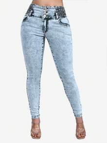 Women's High Waist Pocket Skinny Casual Distressed Denim Jeans Spring - Medium Wash - View 4