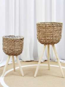 1pc Nordic Handmade Woven Planter, Indoor/Outdoor Decorative Flower Pot, Suitable For Planting Greenery, Minimalist Living Room Plant Stand, Floor-Standing Pothos Planter, Wooden Rattan Creative Storage Rack, Balcony Luxury Style Flower Pot - Brown - View 10