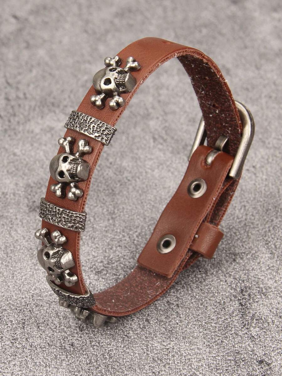 1pc Punk Rock Style Skull Alloy Bracelet, Personalized Gothic Clasp Wristband, Couples Everyday Wear, Party Leather Bracelet