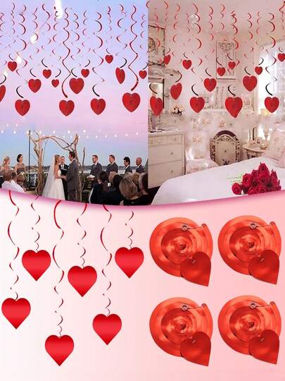 6/12/18/24Pcs Valentines Day Hanging Swirls,Red Heart Hanging Garland For Valentine's Day Party Decorations Romantic Wedding Photo Prop Supplies