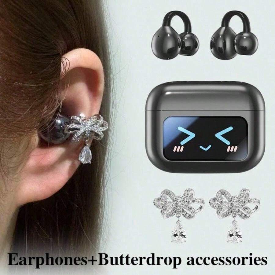 Auriculares inalámbricos M100 con clip, de uso dual para música y conversación, modelo deportivo inteligente con pendiente decorativa, disponible en varios colores - Auriculares negros + accesorios Butterdrop - Ver 1