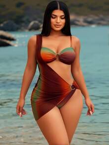 "2026 Must-Have Ombre Red-Brown & Green One-Piece: Stretch Fabric, Sling Strap & Cutout Detail Swimwear" - 彩色 - 查看 1