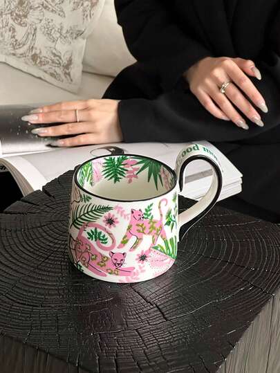 1pc Rainforest Leopard Ceramic Mug, Gift For Women, Milk Coffee Cup Suitable For Home, Office, Gift, Birthday, Dessert Shop, Afternoon Tea, Party, Eid Al-Fitr Gift, Graduation Season, Back To School Season