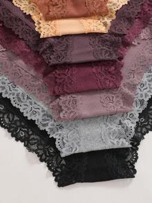 7pcs/Set Solid Color Cotton Lace Patchwork Ribbed Sexy Romantic Comfortable Low Waist Women's Triangle Panties - Multicolor - View 6