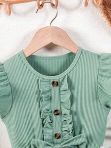 Young Girl Summer Fresh Mint Green Cap Sleeve Dress, Rabbit Print Cinched Waist Bow Design, Cute Sweet Girls A-Line Skirt - Green - View 7