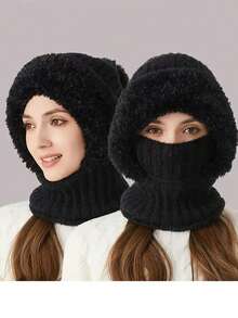 1pcs High Elasticity Solid Color Thick Windproof Warm Collar Warm Face Mask Integrated Men's And Women's Universal Winter Knitted Hat - Multicolor - View 3