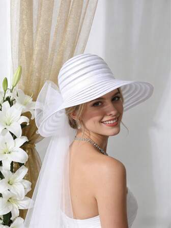 White Bridal Hat With Veil Rhinestone Embellished – Elegant Wedding Church Hat For Women Elegant White Wedding Hat For Bride, Veil & Rhines