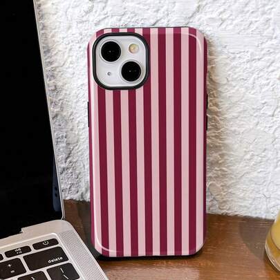 Minimalist Pink Striped Pattern Fashion Phone Cases 1pc Artistic Colorful Glossy 2-In-1 Film Hard Phone Case Compatible With Samsung/ 11/12/13/14/15/16/17 Pro Max Spring Gift Anniversary Birthday