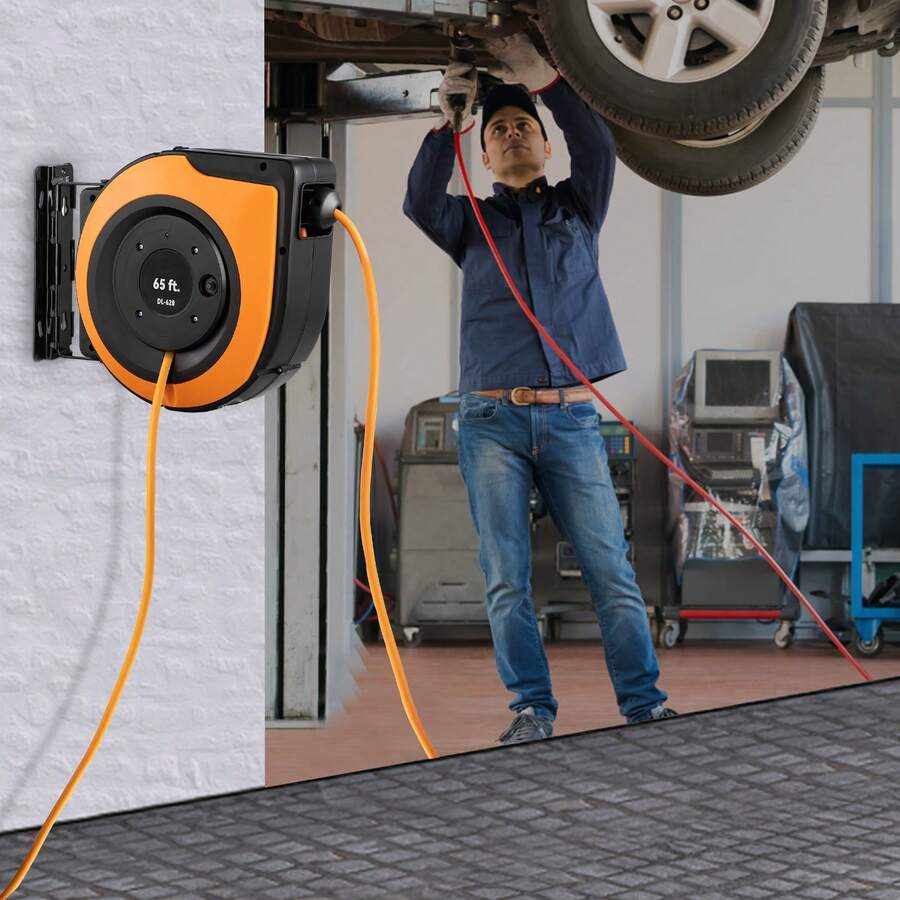 30ft To 65ft Retractable Extension Cord Reel Heavy Duty SJTOW Power Cord With Lighted Triple Tap Outlet Circuit Breaker Up To 15 Amp 180° Swivel Bracket, Suitable For Ceiling Or Wall Mount In Garages And Shops, ETL And UL Listed